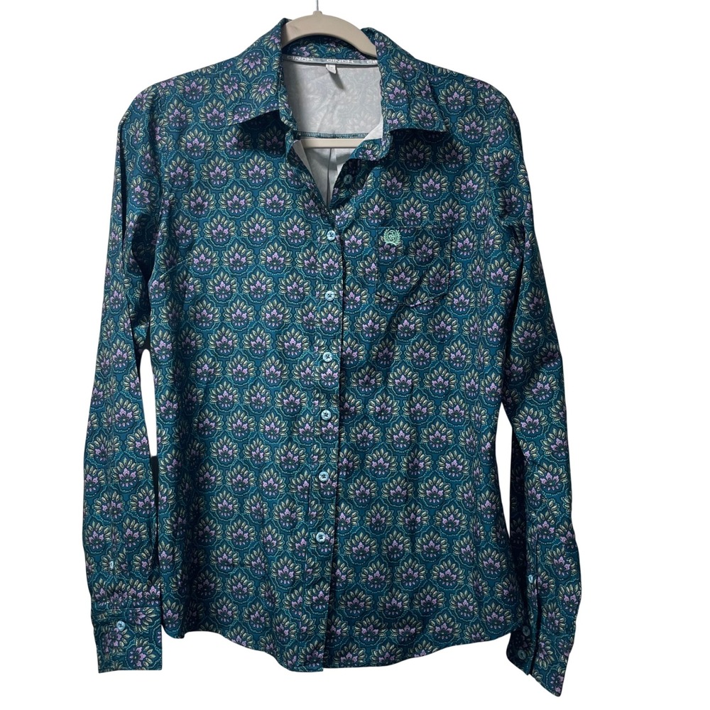 Cinch Womens Medallion Print Western Button Down Shirt Teal Purple Size Small